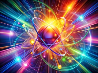 Obraz premium Abstract Atomic Energy: Exploding Nucleus, Quantum Physics, Subatomic Particles, Energy Burst Illustration