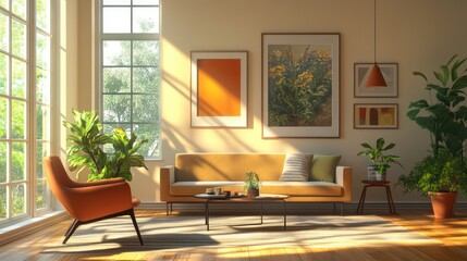 Sunlit living room, plants, sofa, window, calm