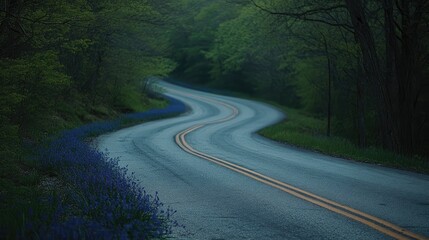 Fototapeta premium A scenic road through a valley, flanked by bluebell flowers and dense green foliage