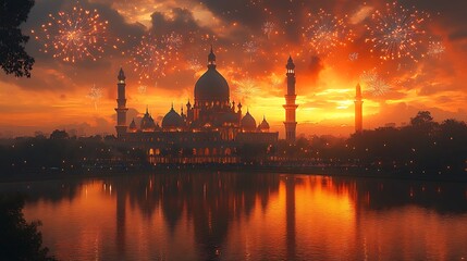 Fototapeta premium Majestic Palace by a Lake at Sunset with Vibrant Fireworks Display