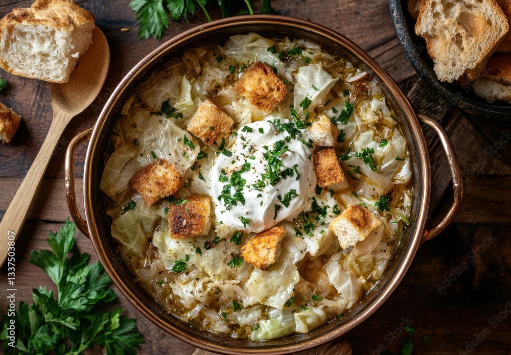 Poster fresh cabbage soup with croutons and sour cream served in a rustic bowl garnished with parsley on a 