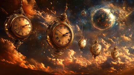 A surreal composition featuring multiple clocks floating against a cosmic galaxy-themed background