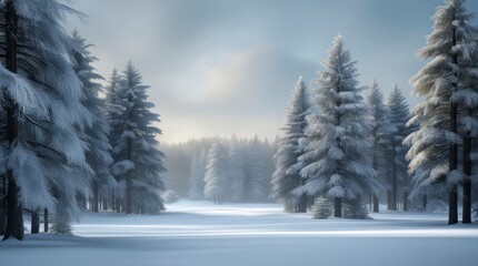 serene winter landscape featuring a dense forest with tall, snow-laden evergreen trees