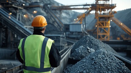 Mine worker inspecting conveyor belts at a rock processing facility background