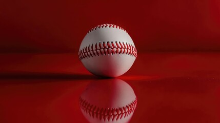 Baseball with a glossy surface reflecting light on a bright red background