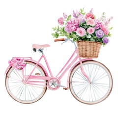 Hand-painted watercolor illustration of a vintage pink bicycle with a wicker basket filled with colorful flowers