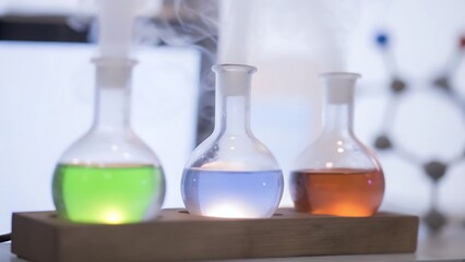 Serene Science Three Glass Flasks Filled With Vibrant Green, Purple, And Orange Liquids Softly Illuminated On A Wooden Stand, Exuding A Calming Atmosphere