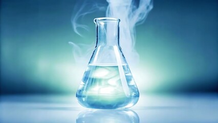 A Mysterious, Glowing Liquid Simmers In A Glass Flask, Emitting Ethereal Smoke Against A Cool Blue Backdrop