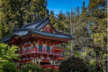 Red pagoda in the Japanese Tea Garden in the Golden Gate Park, San Francisco