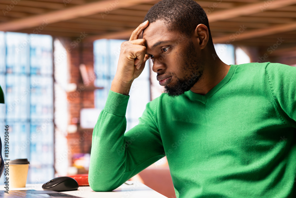 Poster overburdened man in apartment office exhausted by too many emails on laptop in need of replying. exh