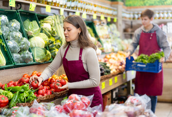 Kind young shop assistant setting tomatoes in vegetable basket in big greengrocery