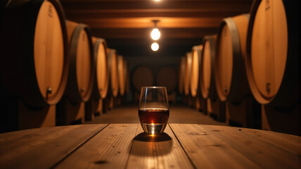 Glass of amber liquid on wooden table in dimly lit cellar with oak barrels in background.
