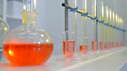 A Scientific Breakthrough Unfolds As Vibrant Orange Liquids Fill Laboratory Glassware, Revealing Promising Results Under Bright Lab Lighting