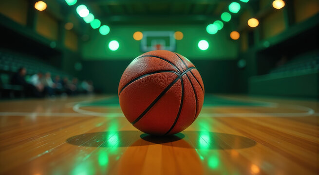 Closeup of a basketball on a wooden court at night. Green lights illuminate the scene. Spectators are blurred in the background.