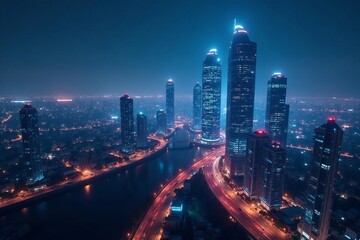Fototapeta premium A futuristic city skyline with gleaming office buildings and illuminated skyscrapers at night, modern technology, commerce