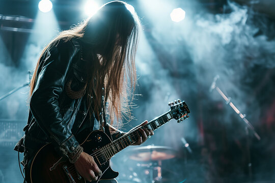 Electric rock guitarist, long haired male heavy metal musician playing under the lights and smoke at a concert with copy space