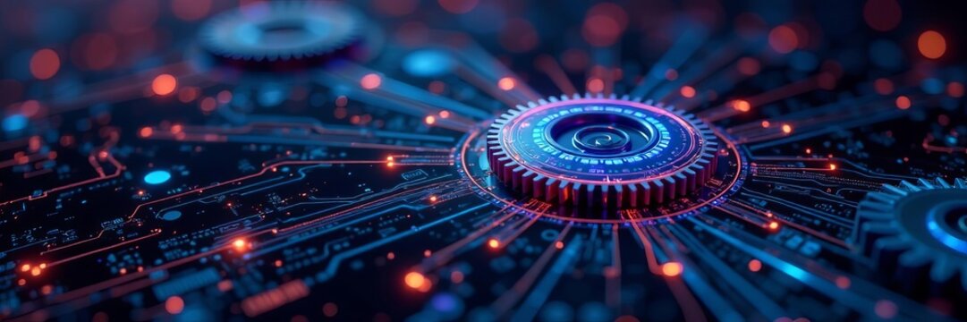A high-tech abstract background with interconnected gears and circuit patterns, modern, futuristic