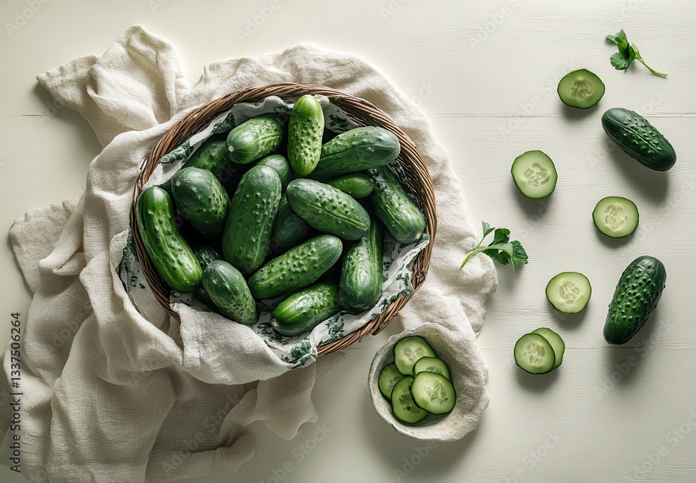 Poster fresh cucumbers in a basket with slices and garnish on a light table surface for healthy eating conc