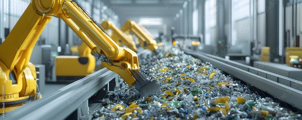 Aufkleber advanced robots sorting recycling materials in a modern facility, highlighting automation and effici
