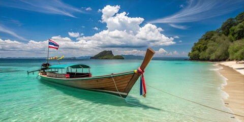 Fototapeta premium Tranquil Thai Longtail Boat Anchored in a Pristine Bay, A serene scene of a traditional Thai longtail boat