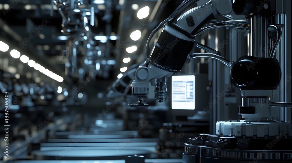 Poster an advanced automated factory showcasing robotic arms in action