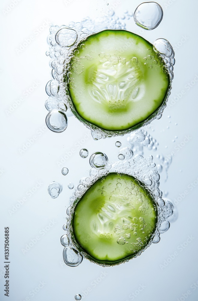Poster fresh green cucumber slices floating in sparkling water with bubbles against a light background for 