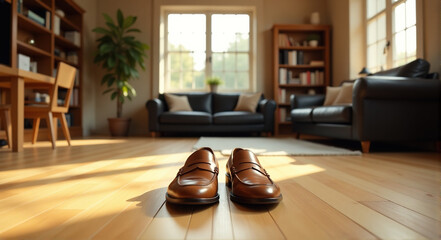 Pair of elegant brown leather loafers on a hardwood floor in a sunlit living room.