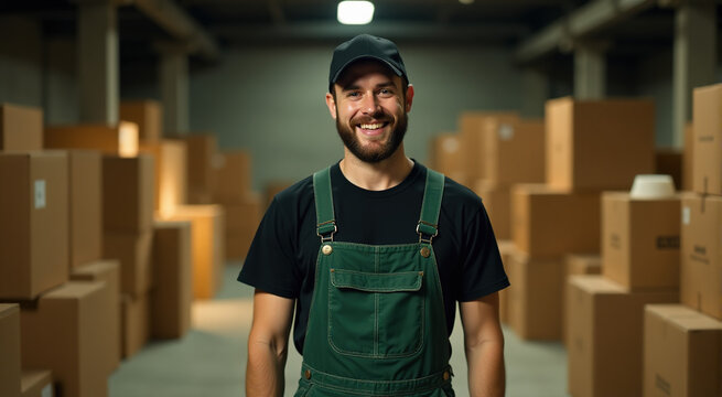 Happy warehouse worker smiling at camera. Portrait of a man in overalls standing among cardboard boxes.