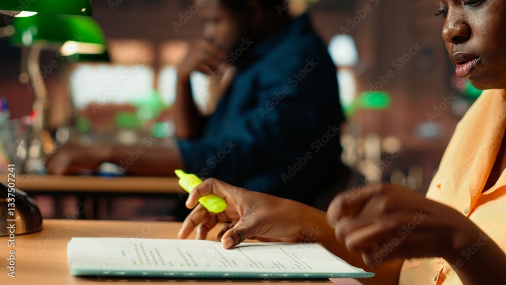 Poster african american scholar highlighting the relevant information from class notes, creating a summary 