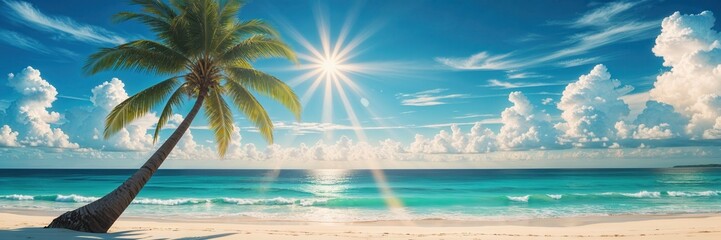 Fototapeta premium Tropical paradise backdrop with radiant sunshine, turquoise water, and a leaning palm tree on white sand