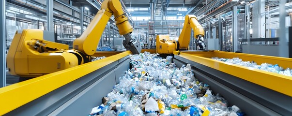 Automated recycling process with robotic arms sorting plastic waste in a modern facility