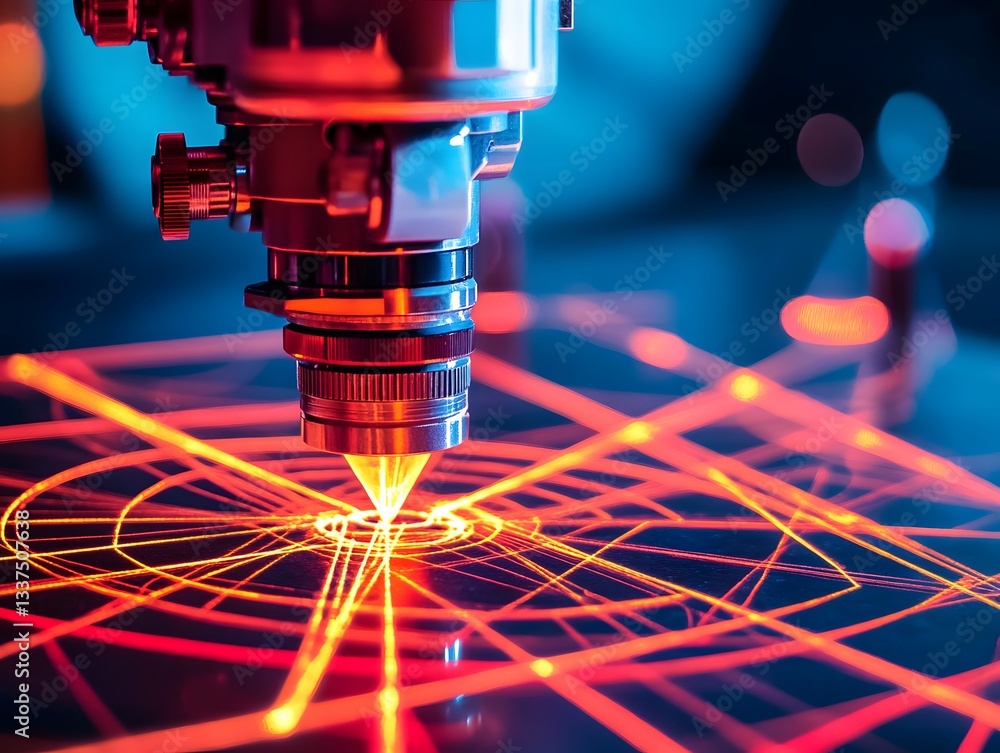 Poster close-up of a high-tech laser cutting machine in action, showcasing vibrant red and blue lights with