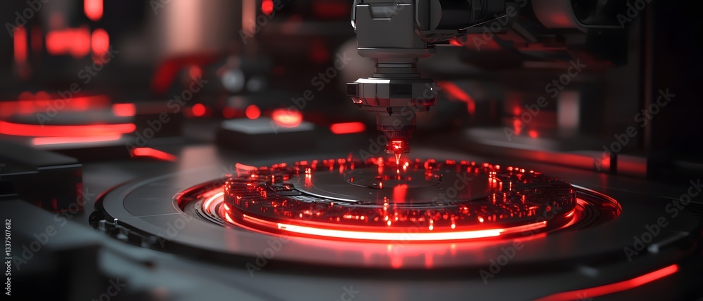 Poster close-up view of a futuristic technological device showcasing intricate patterns and vibrant red lig