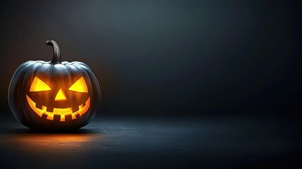 A Halloween-themed image with a carved pumpkin lantern glowing softly against a dark background, creating a spooky vibe.