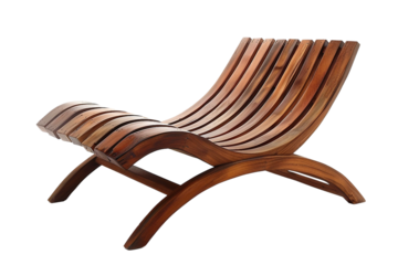 Elegant wooden lounge chair with armrests and slatted backrest isolated on transparent background