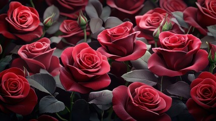 Obraz premium A lush floral background filled with deep red roses, their velvety petals forming an elegant and romantic pattern. Dark green leaves contrast against the rich crimson blooms.
