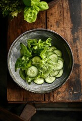 Obraz premium Fresh Green Salad with Crisp Cucumbers and Leafy Lettuce in Rustic Bowl on Wooden Table Background