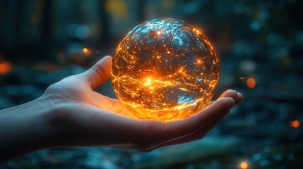 Fototapeta premium Glowing Orb in Hand: A Mystical Encounter