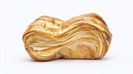 Freshly baked golden-brown croissant with a flaky texture and crisp layers, isolated on a bright white background.


