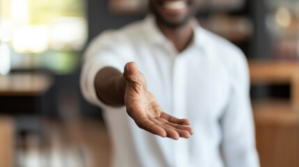 Confident African American Man Extending Hand for Handshake, Gesture of Greeting or Agreement.