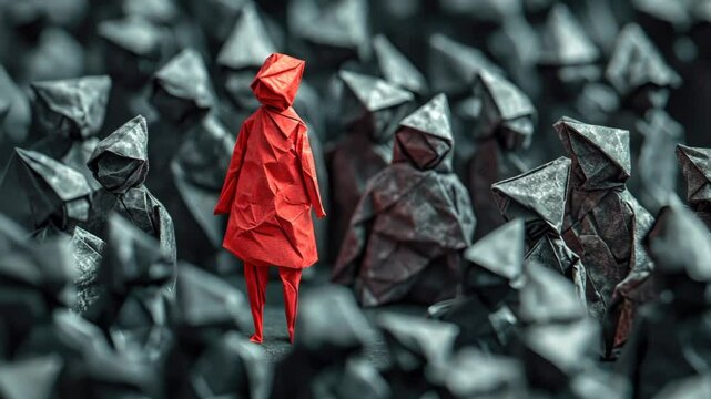 Origami figures in a crowd highlighting a single red figure symbolizing discrimination and social exclusion