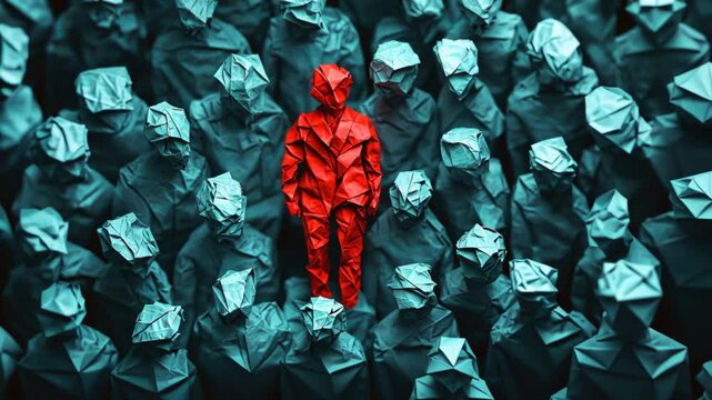 Origami figures with lonely red person amidst blue crowd symbolizing social discrimination and uniqueness