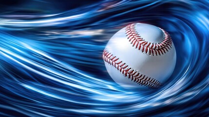 High-speed baseball captured in motion against a cool-toned icy blue background