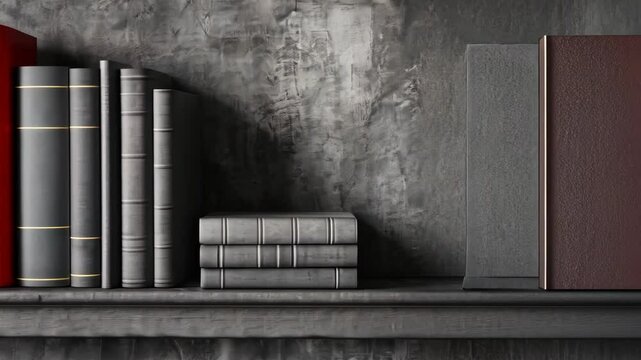 A red book stands out amongst gray books on a shelf highlighting the concept of discrimination and difference in a monochrome world