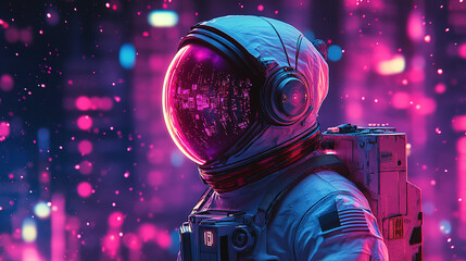 Astronaut exploring futuristic cityscape space digital art neon environment close-up technology concept