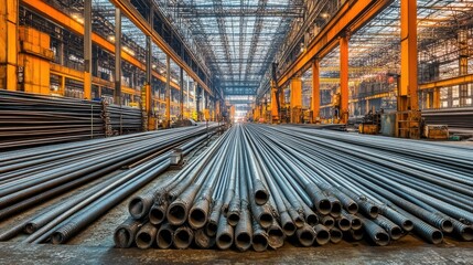 Obraz premium Industrial warehouse filled with steel rods under artificial lighting with an orange background