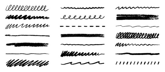 Chalk lines, charcoal highlight strokes doodle set. Pencil underlines, kids crayon strips, brush line in sketch style. Grunge texture. Hand drawn vector illustration isolated on white background