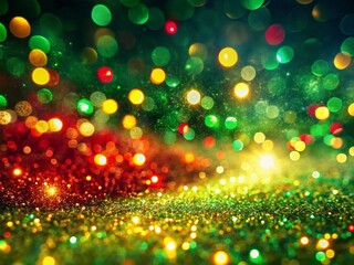 Abstract Christmas Glittering Background: Red & Gold Lights Falling on Green Glitter