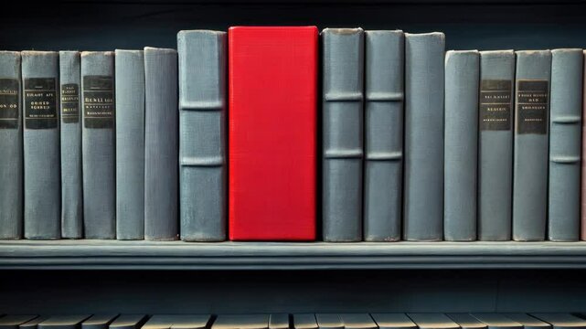 One red book among rows of grey books on a shelf, symbolizing discrimination and being different