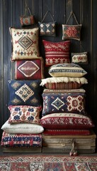 Stack of patterned pillows and cushions on a wooden crate against a dark wall.